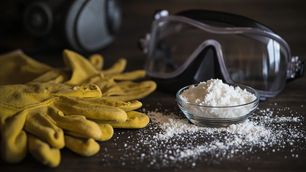 Rubber gloves, safety goggles and respirator beside a dish of white caustic soda crystals.