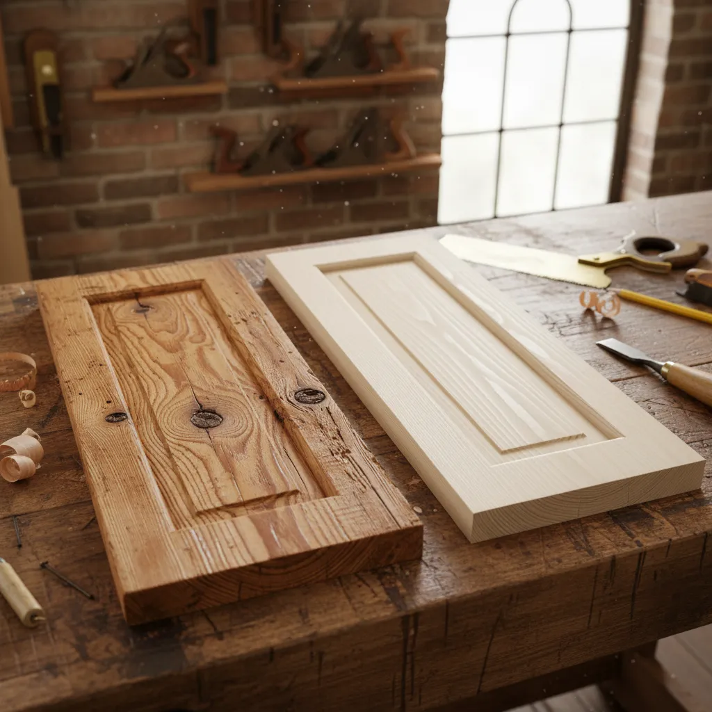 Reclaimed pine board with patina beside a pale new pine board, compared for a bespoke kitchen.