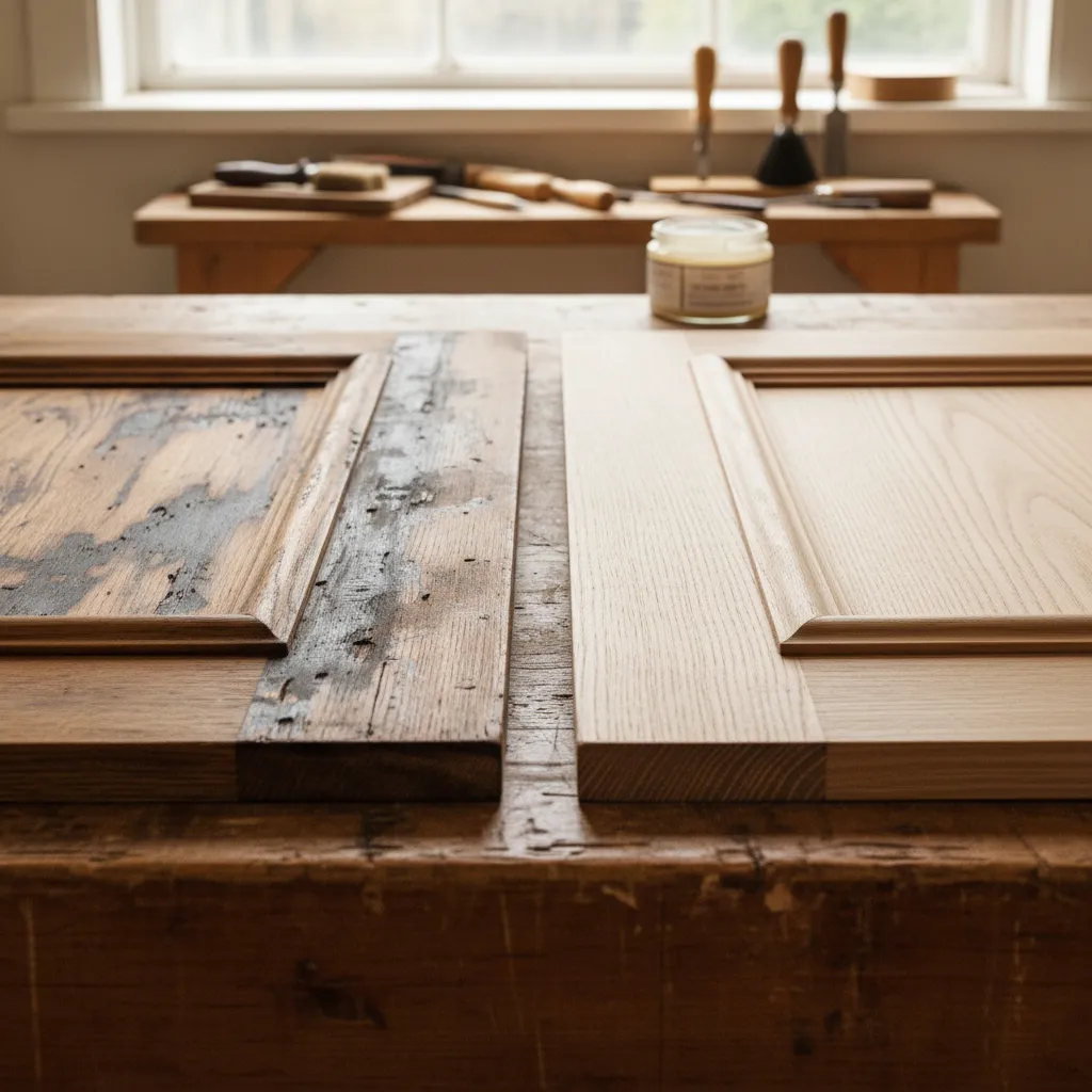 Side-by-side comparison of a scorched Victorian door panel and a cleanly stripped panel showing intact bare wood.