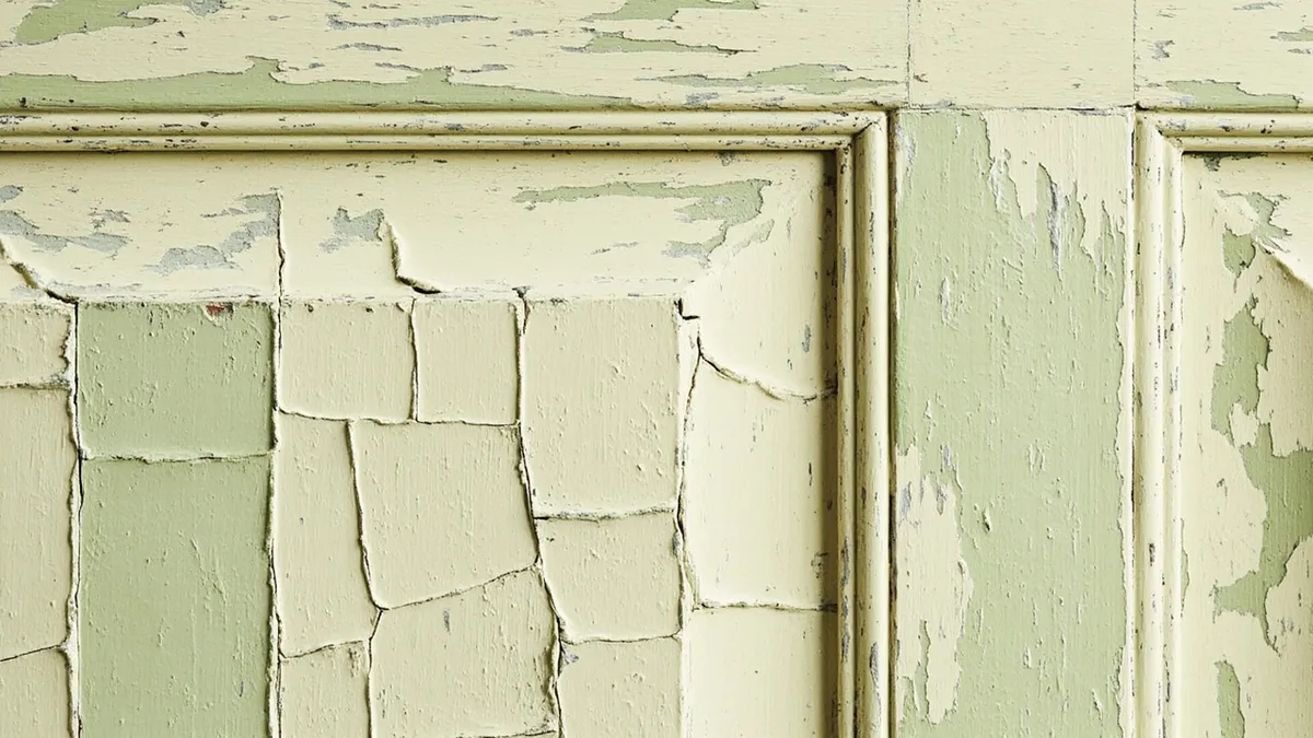 Close-up of an old painted door with crocodile cracking across thick layered paint.