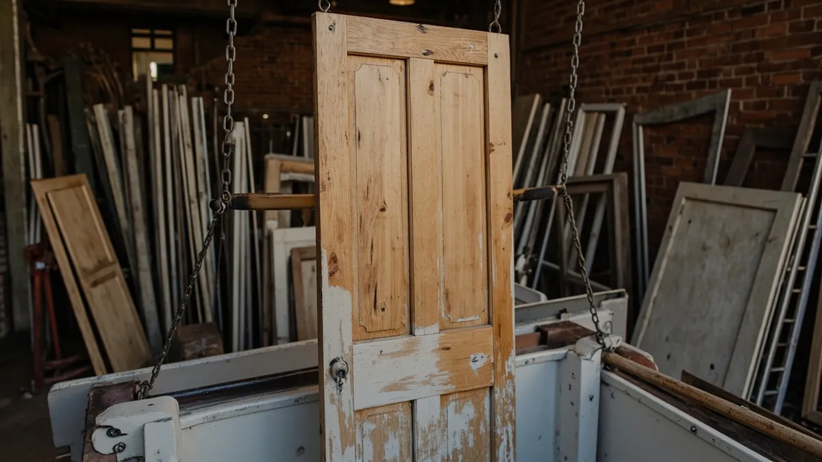 Victorian pine door being lowered into a paint stripping bath in a restoration workshop.