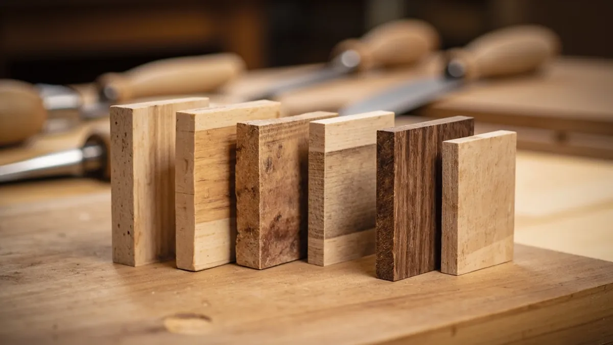 Four mortise and tenon joint variations in contrasting timber displayed on a workbench.