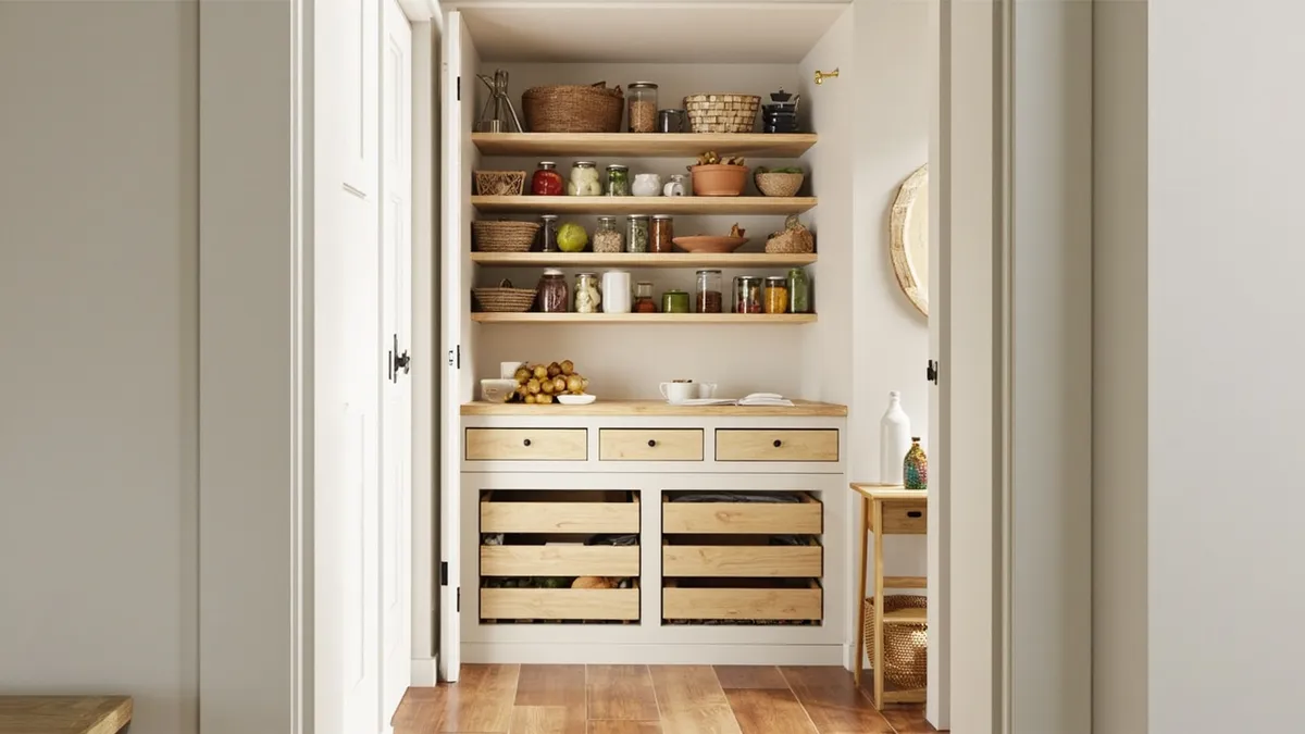 Walk-in pantry with shallow oak shelves, labelled jars, deep drawers for vegetables, and a tall top shelf reached by a small step stool.