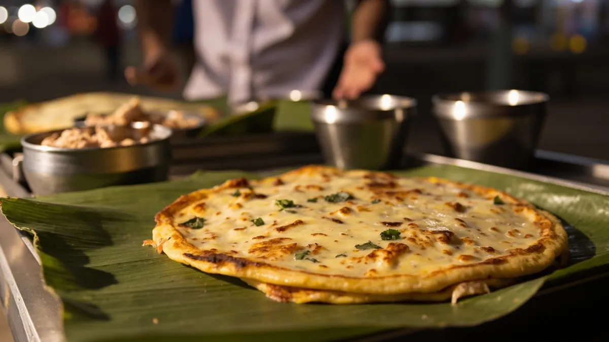 Crispy Pondicherry-style cheese dosa served on a banana leaf with chutney and sambar at a street stall