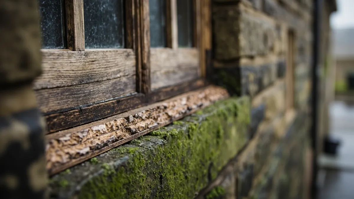 A weathered stone-built Yorkshire terrace in the rain, with a decaying timber window cill showing wet rot where it meets damp stonework.