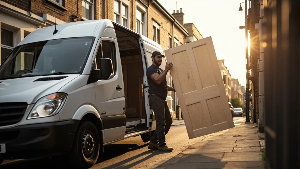 Double Dipper van collecting a stripped Victorian pine door from a Leeds terraced house.