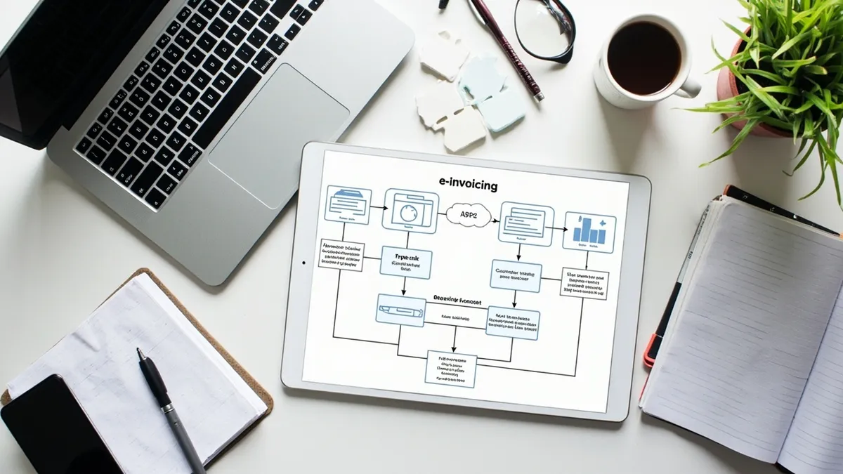 Small business workspace showing how accounting software, ERP and spreadsheets connect to an accredited e-invoicing provider.