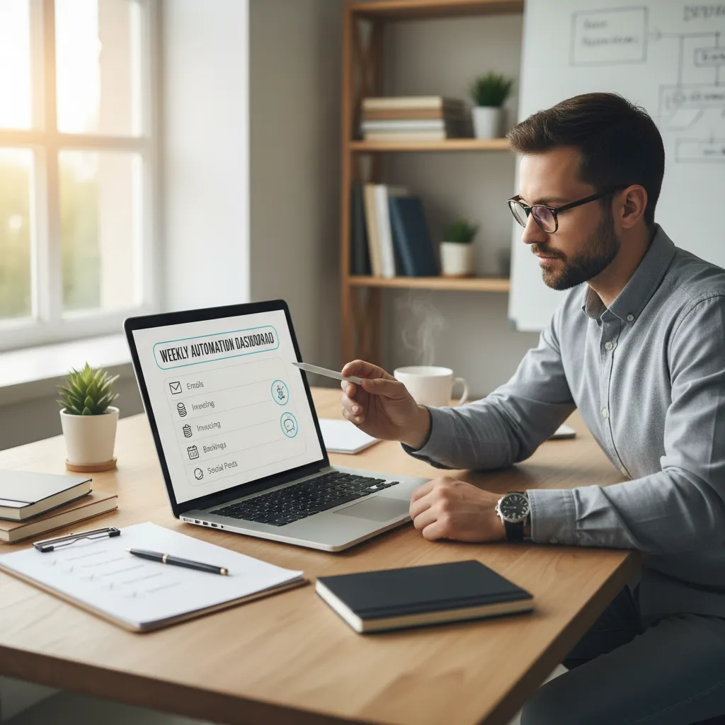 Business owner reviewing a task list with AI automation icons for email, invoicing, bookings and follow-ups on a laptop