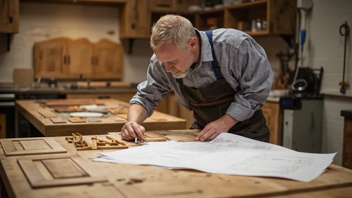 A craftsman planning a handmade oak kitchen in a Yorkshire home, with timber samples and design sketches