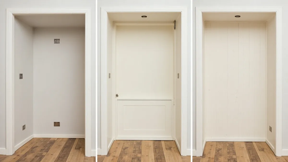 Comparison of flat-pack, fitted, and bespoke wardrobes fitted into the same alcove showing fit differences.