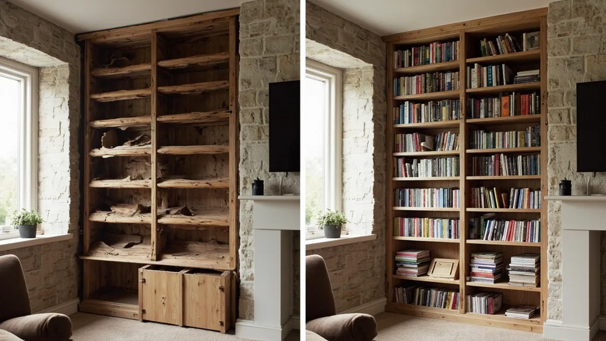 Bespoke bookcase holds heavy books flush against uneven wall while flat-pack shelf sags beside it