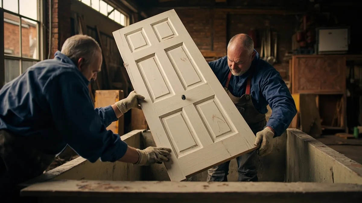 Workers lowering a Victorian pine door into an outdoor paint-stripping bath at a heritage restoration yard.