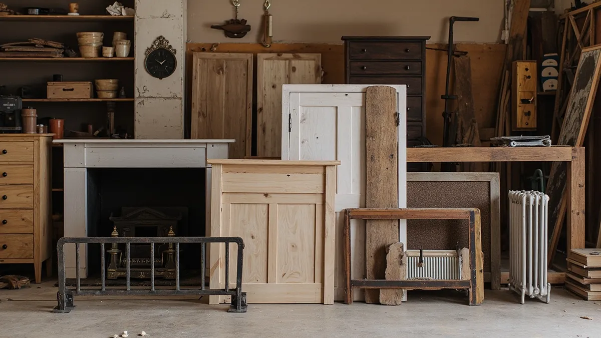 Heritage doors, furniture and cast-iron pieces lined up in a restoration workshop awaiting stripping.