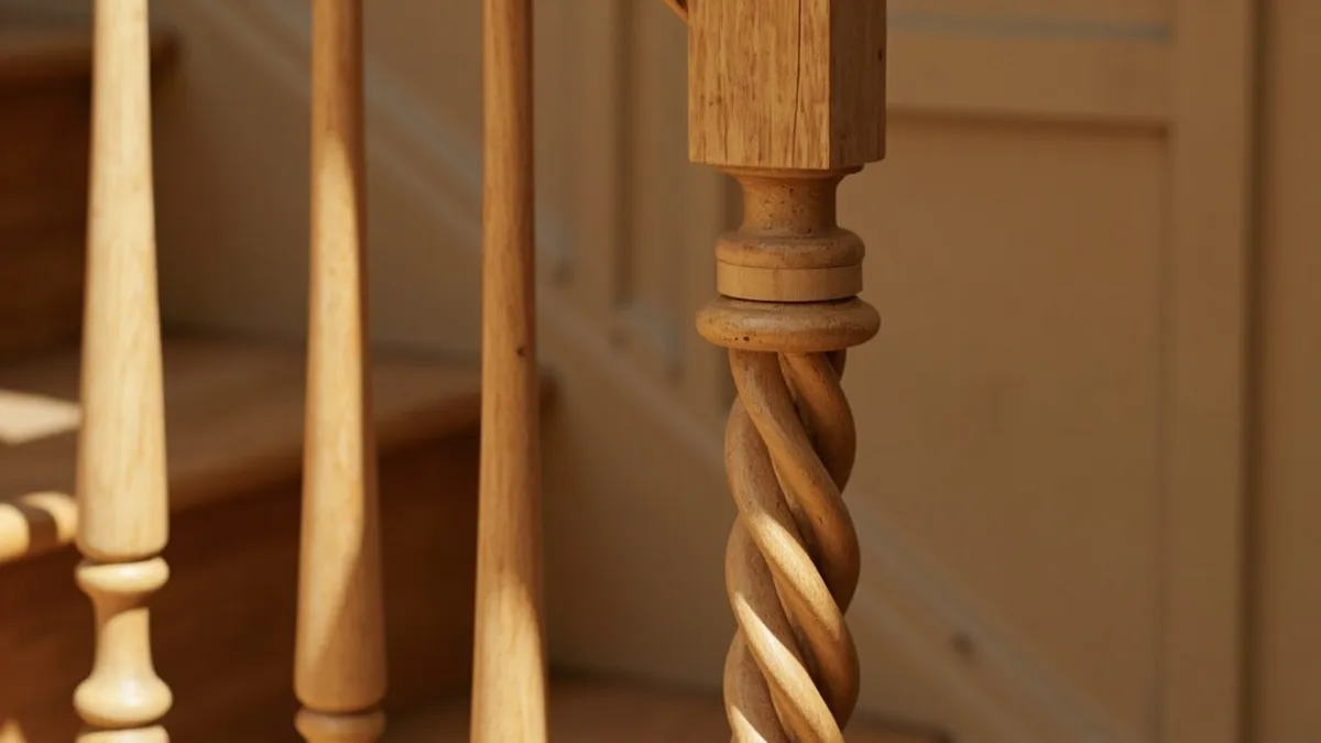 Hand-turned barley twist newel post in oak with deep spiraling flutes beside matching spindles on a period staircase.