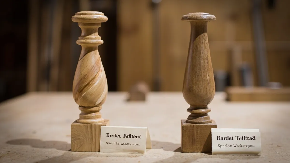 Side-by-side comparison of a spiralled barley twist post and a smooth tapered gun barrel post turned in matching timber.