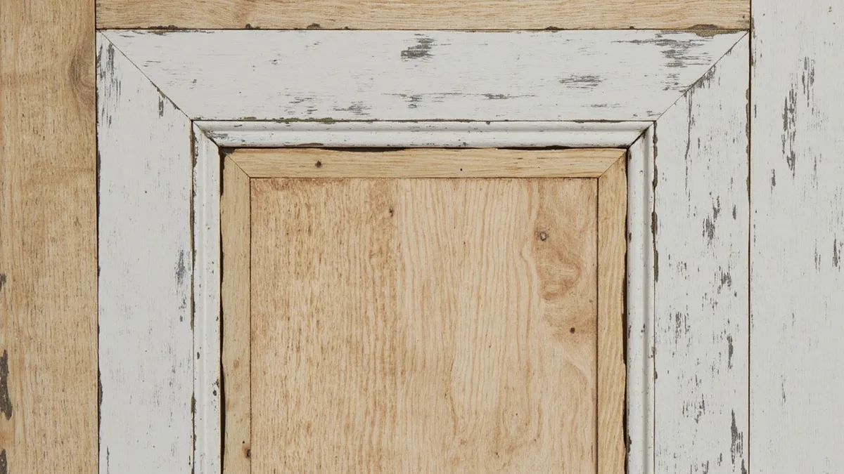 Painted softwood Victorian door panel with layered paint, next to a sample of bare oak timber.