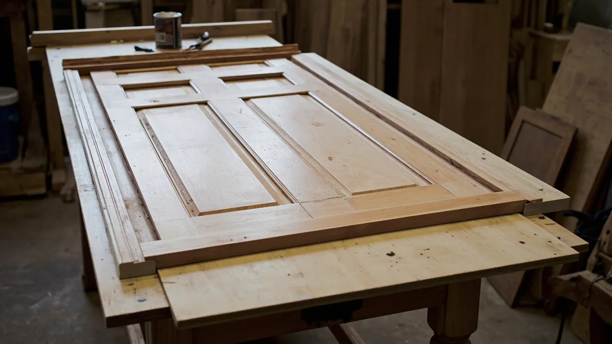 Victorian front door on a joinery workshop bench mid-restoration, with hand tools and paint.