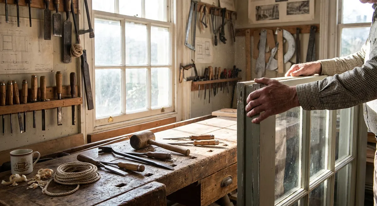 Carpenter easing a wooden sash from its frame in a heritage workshop.