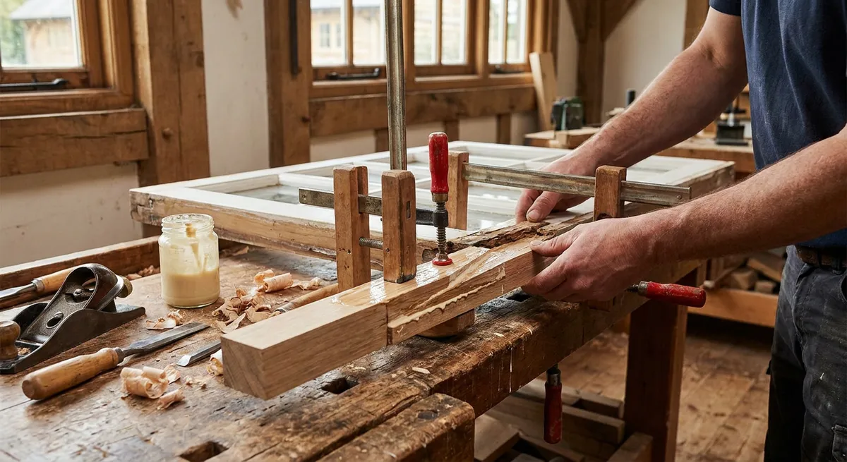 Close-up of a timber splice repair being clamped into a sash sill.