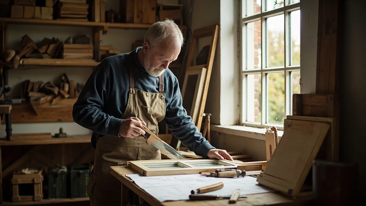 Heritage joiner inspecting a sash window and secondary glazing panel in a traditional joinery workshop.