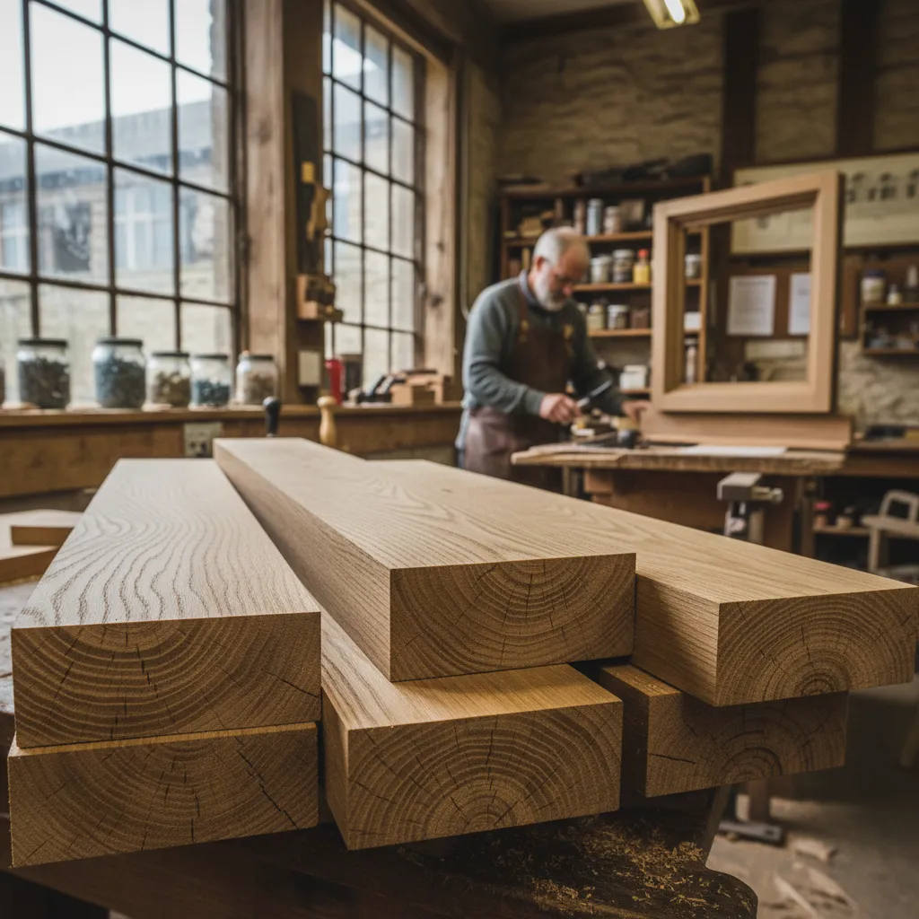 Stacked European oak cills and jambs in a heritage joinery workshop, showing dense grain.