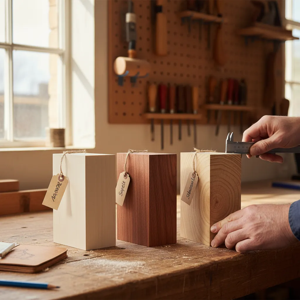 Side-by-side timber samples of Accoya, Sapele, and Siberian Larch on a workbench.