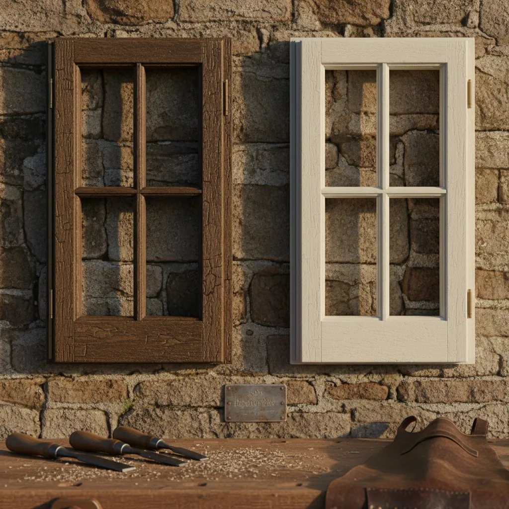 Oak and softwood casement window samples mounted on a stone wall for comparison.