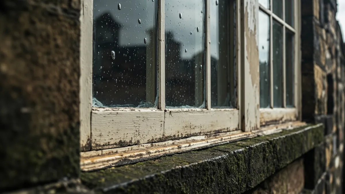 Cracked putty and weathered paint on a Yorkshire Victorian sash window in the rain.