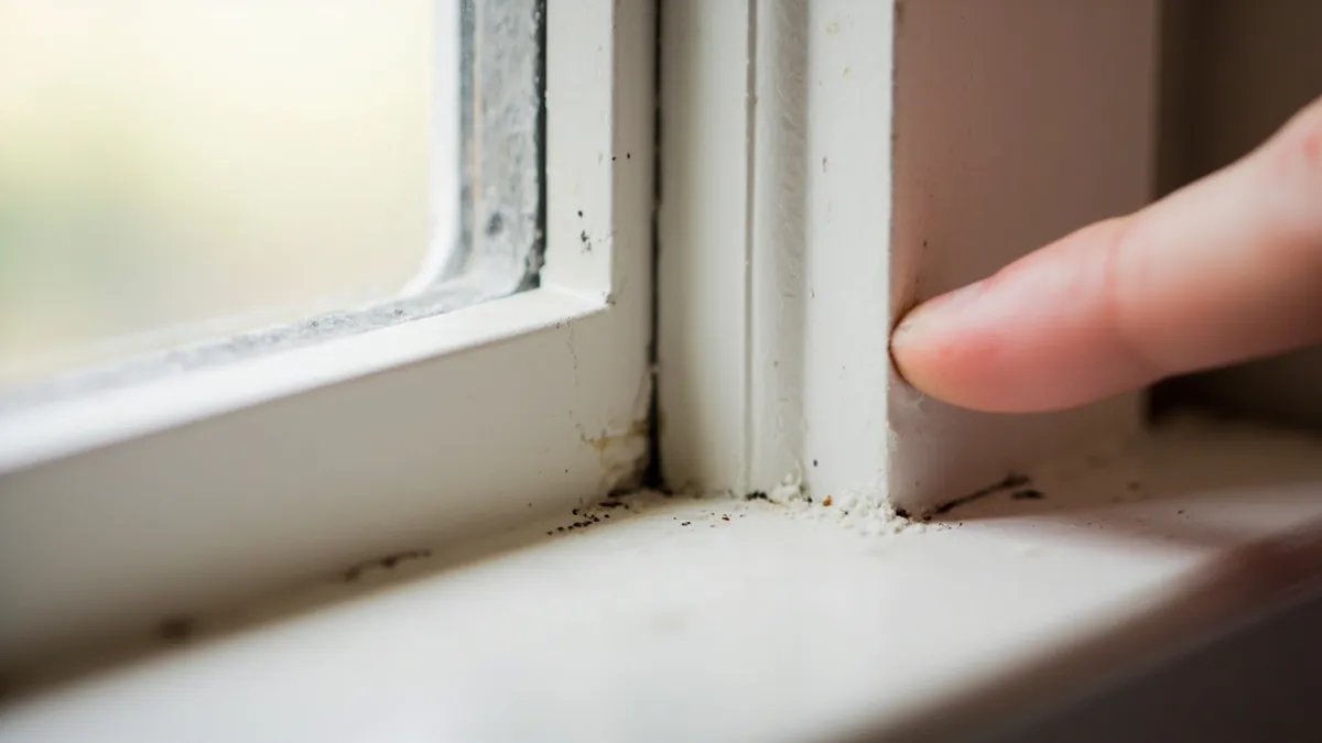 Fingertip testing a smooth painted linseed putty fillet on a sash window.