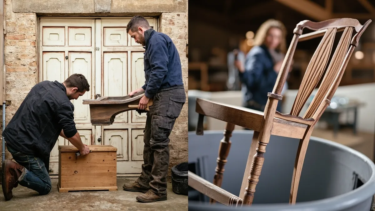 Side-by-side comparison of DIY furniture paint stripping at home versus a workshop bath dip, showing a pine chest being scraped and a chair being lowered into a stripping tank.