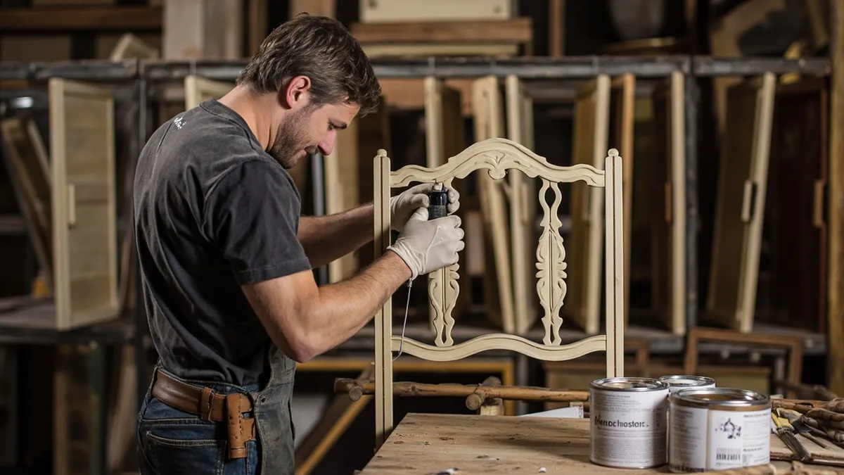 A craftsman in a workshop examining a carved wooden chair to decide on bath-dipping or hand stripping, with finished pieces drying on a rack behind him.