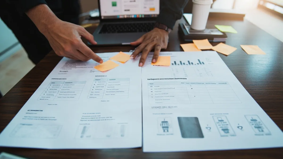 Client and developer comparing fixed price versus time and materials mobile app project costs and sprint progress.