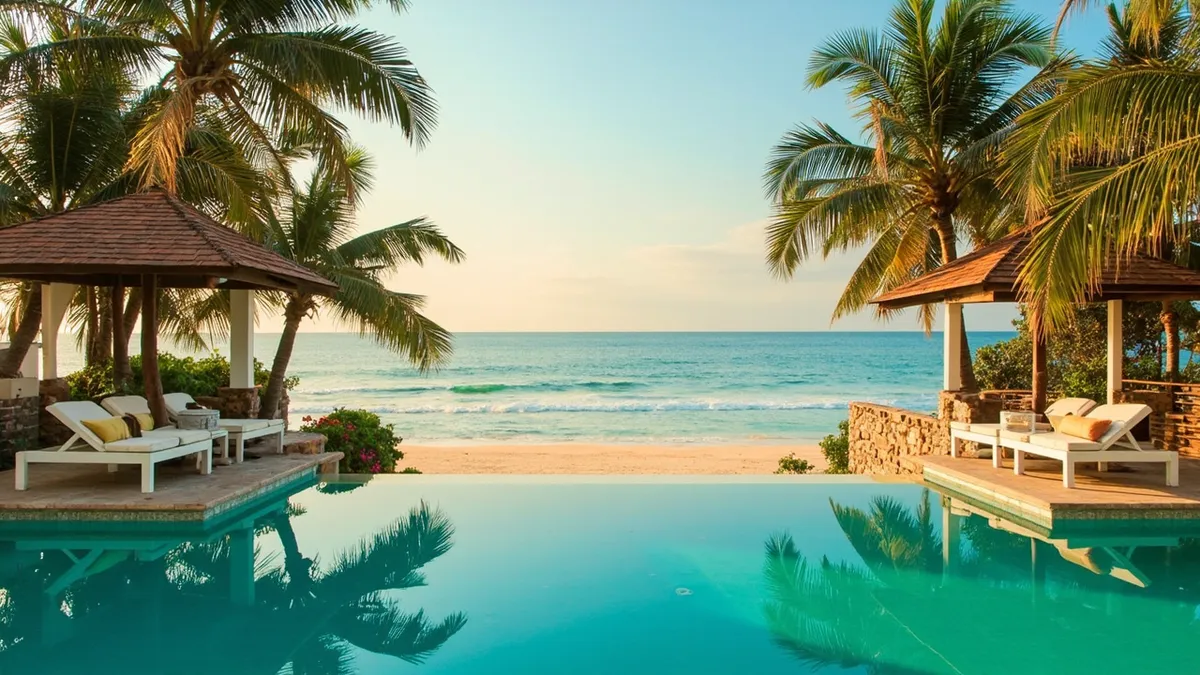 Boutique beach resort with villas and a large pool near Auroville Beach at dawn.