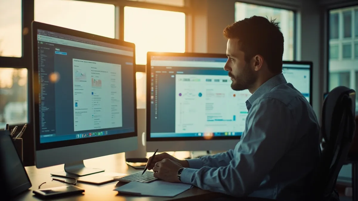 UK accountant comparing off-the-shelf accounting software with a custom AI automation workflow at their desk.