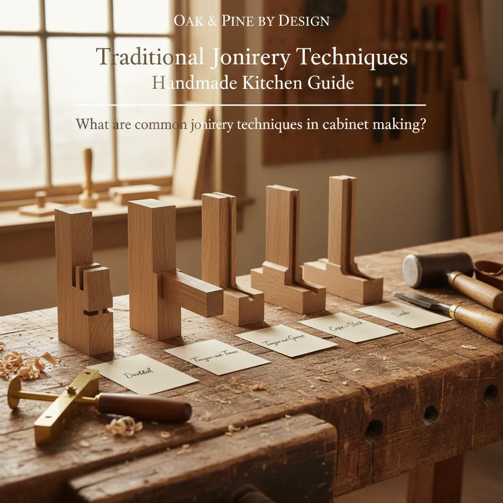 Six traditional cabinetmaking joints displayed on a workbench with chisels and a marking gauge.