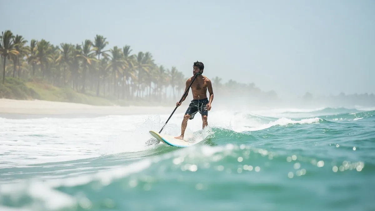 Beginner surfer paddling on a board at palm-fringed Serenity Beach in Pondicherry.