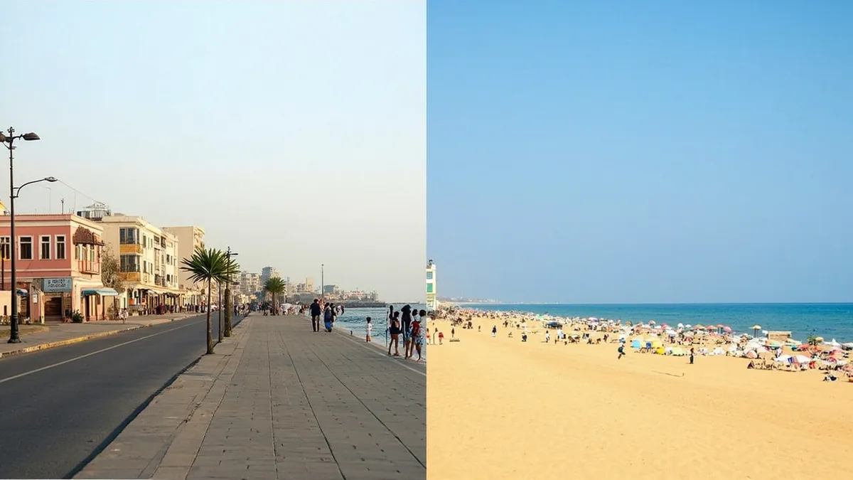 Side-by-side comparison of a quiet Pondicherry colonial promenade and a busier Goa beachfront with shacks.