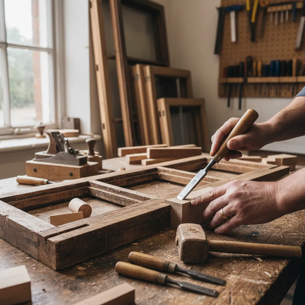 Joiner splicing new timber into a rotted sash window rail in a heritage workshop.