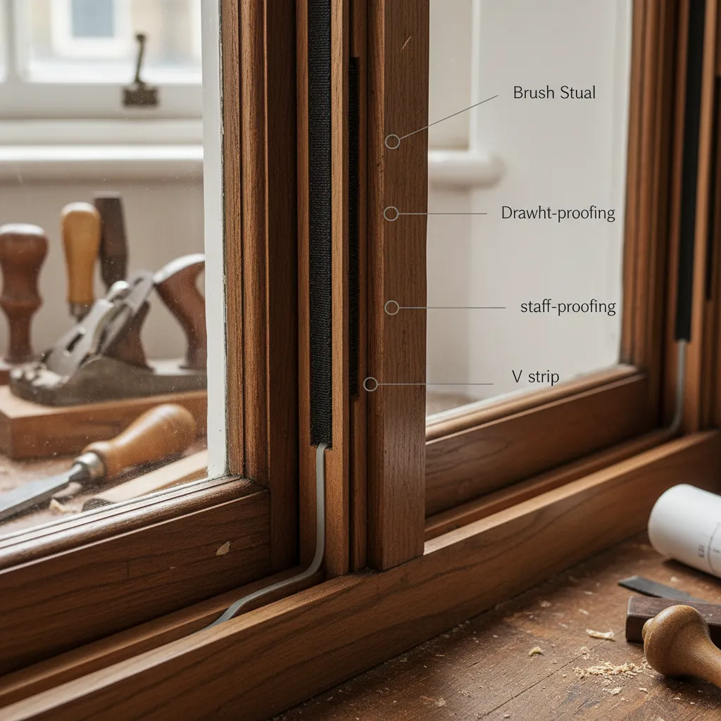 Diagram-style cross-section of sash window brush pile, V-strip and Z-strip draught proofing.