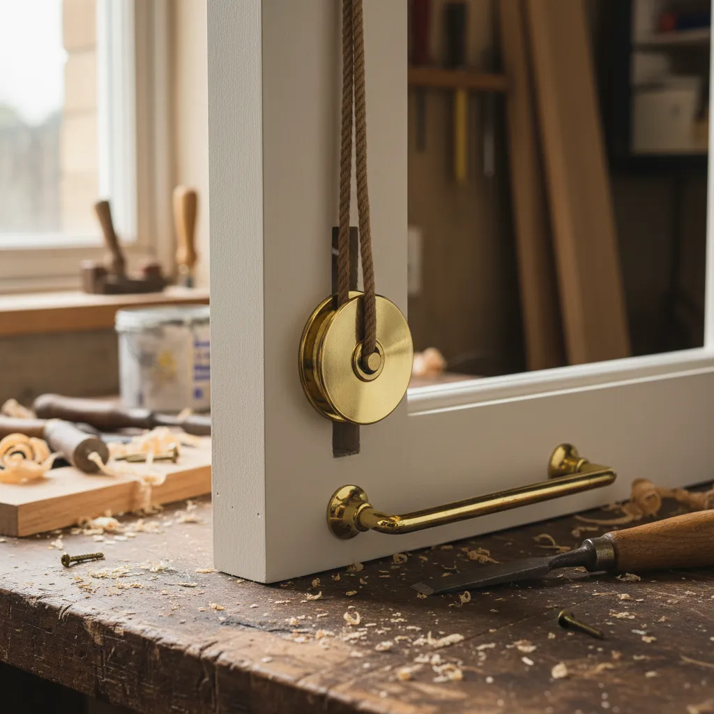Restored sash pulley, brass lift and new flax cord fitted to a traditional sash window.