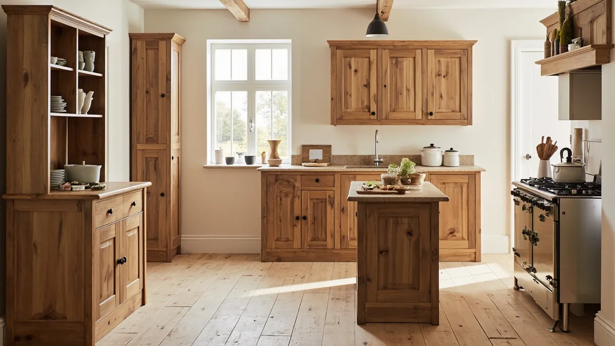 Traditional unfitted kitchen with separate freestanding dresser, larder and worktable arranged as individual furniture pieces.