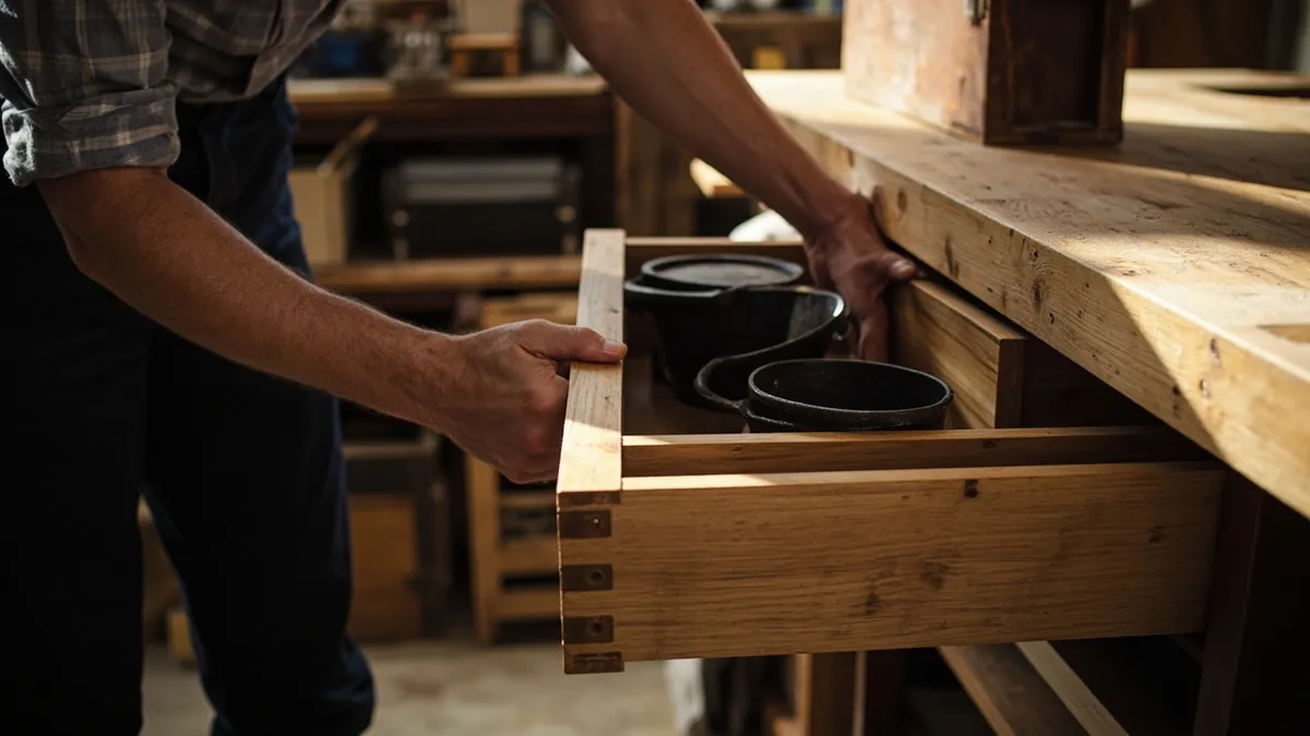 Yorkshire craftsman inspecting a deep oak dovetailed drawer loaded with cast iron pans in his workshop.