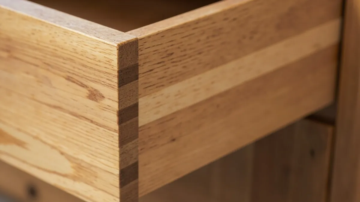 Close-up of hand-cut interlocking dovetail pins on a solid oak drawer corner, showing the tight wood joints.