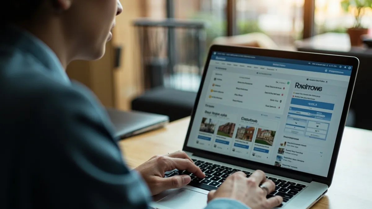 Agent reviewing property portal enquiries on a laptop in a modern office