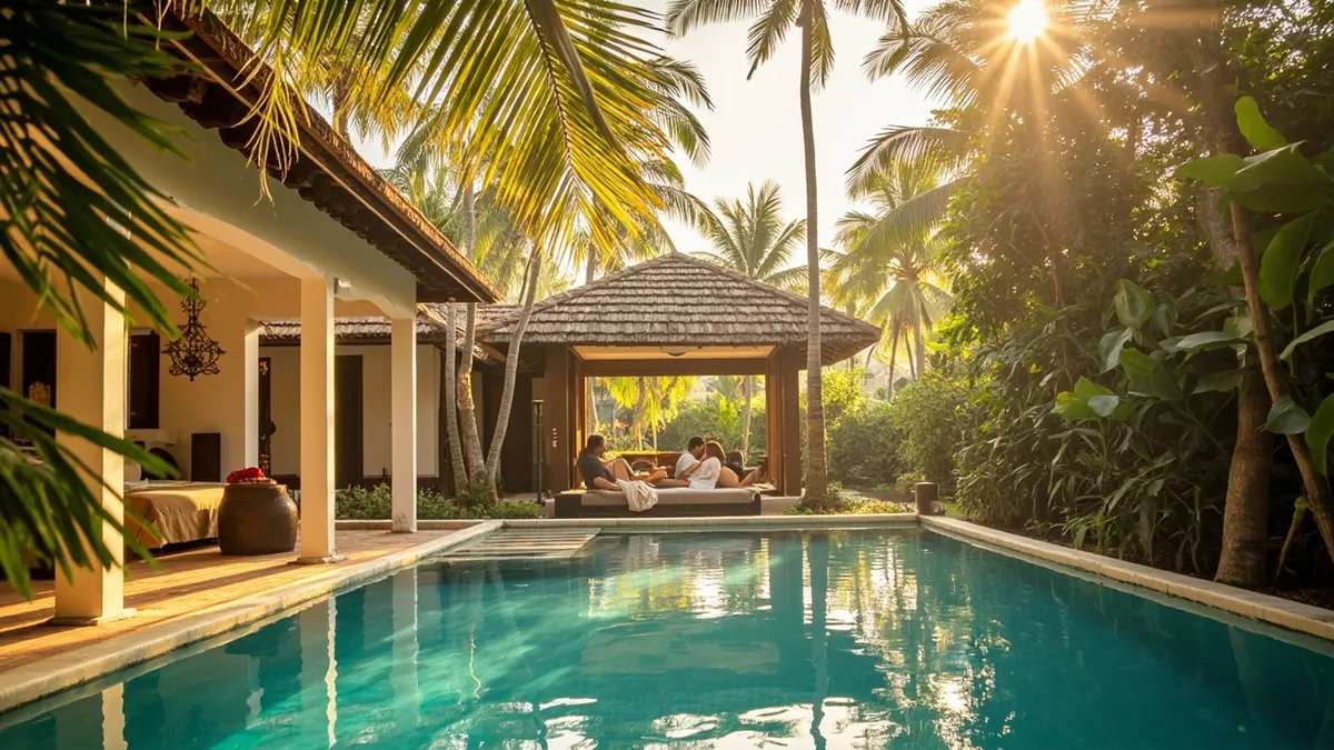 Couple relaxing by a private pool at a boutique Pondicherry resort villa.
