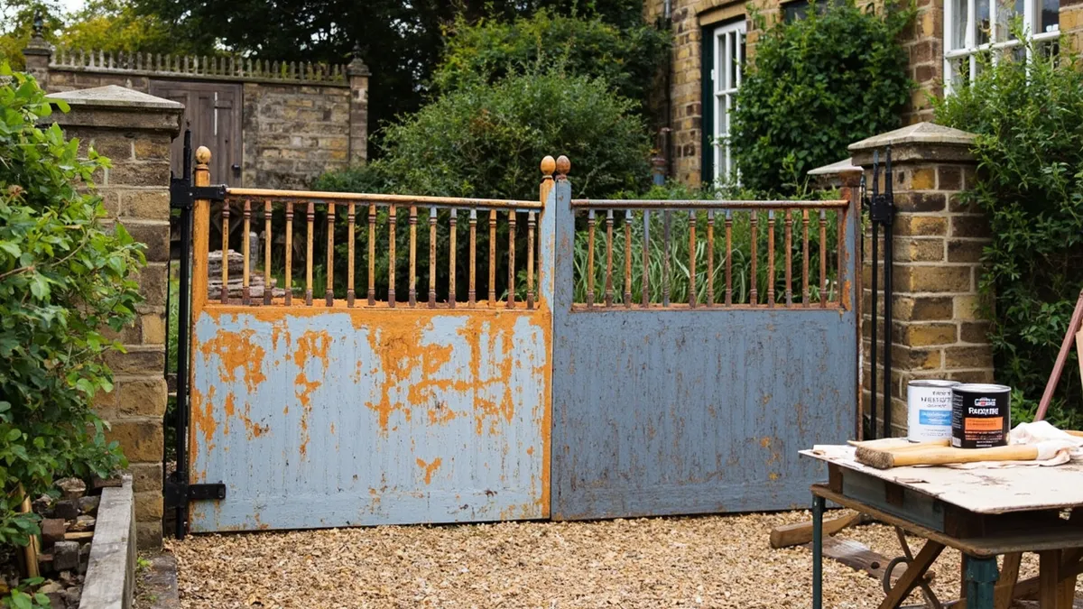 Half-stripped cast iron gates showing orange rust and bare metal alongside wire brush, sandpaper and rust converter.