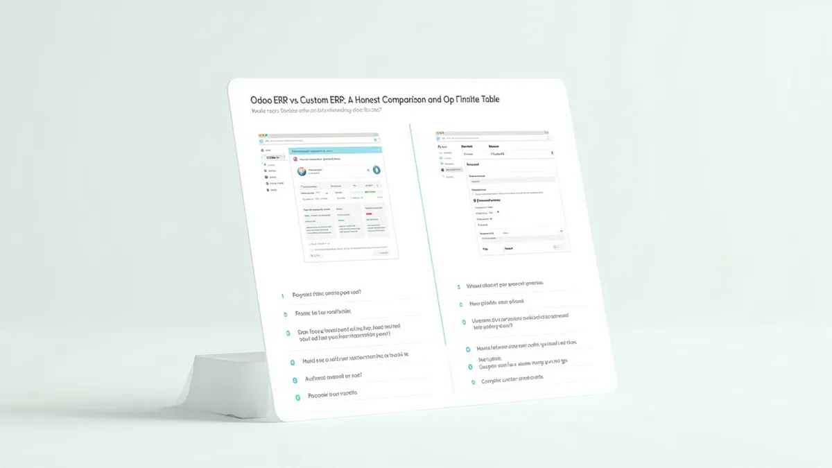 Side-by-side visual comparison of Odoo standard ERP versus custom-built ERP across key decision criteria.