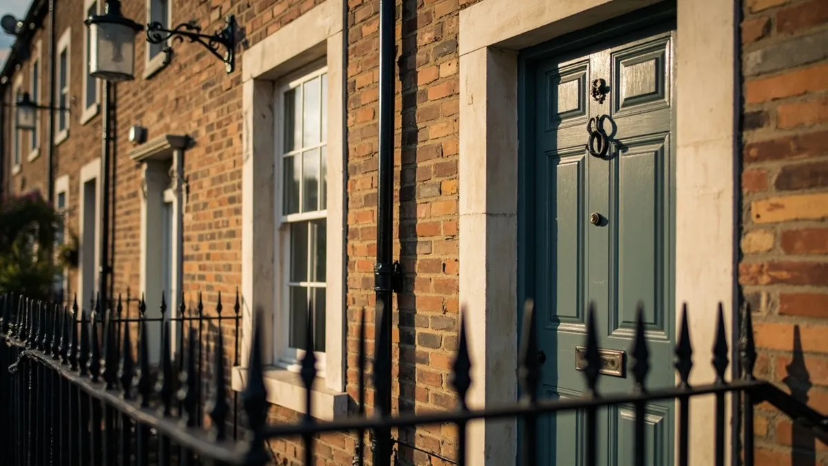 Georgian townhouses in Wakefield showing a six-panel timber front door in a stone surround