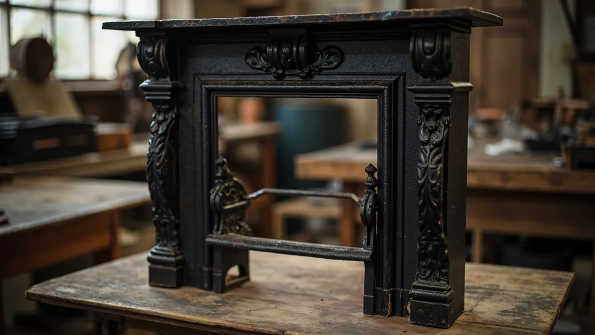 Restored Victorian cast-iron fireplace insert freshly stripped to bare metal on a workshop bench