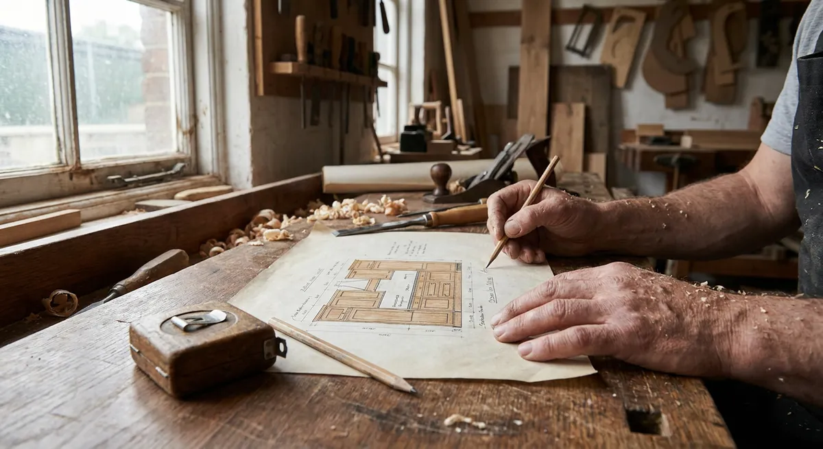 Craftsman sketching bespoke kitchen plans on paper